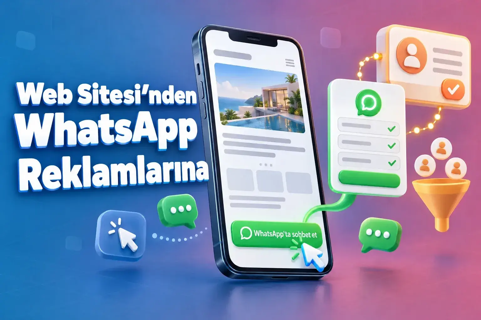 Web sitesinden WhatsApp reklamlarına: Bir cep telefonunda yer alan, WhatsApp Flow’a yönlendiren “WhatsApp’ta Sohbet” düğmesi ve bir CRM kişi kartı içeren bir açılış sayfası