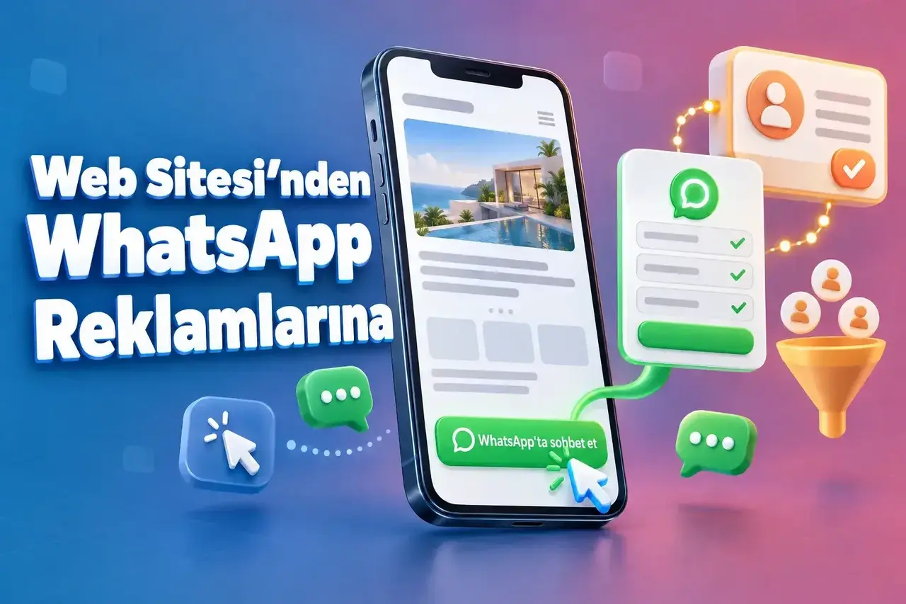Web sitesinden WhatsApp reklamlarına: Bir cep telefonunda yer alan, WhatsApp Flow’a yönlendiren “WhatsApp’ta Sohbet” düğmesi ve bir CRM kişi kartı içeren bir açılış sayfası