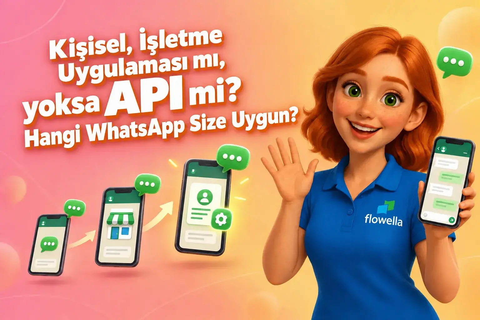 WhatsApp Business uygulaması ve API karşılaştırması: Flowella’dan Flo, kişisel WhatsApp’tan Business uygulamasına ve oradan da WhatsApp Business Platformu’na geçişi gösteren üç telefonun yanında el sallıyor