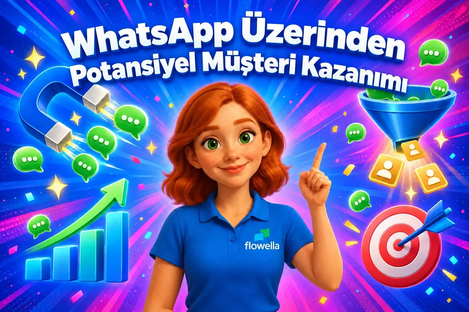 Flowella’dan Flo, bir mıknatıs, bir huni ve potansiyel müşterilere dönüşen sohbet balonlarıyla çevrili “WhatsApp Potansiyel Müşteri Kazanımı” başlığını işaret ediyor
