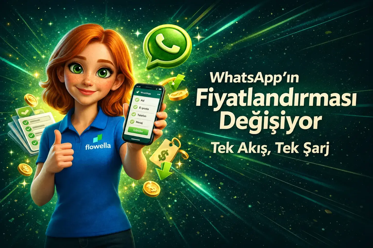 Flo, üzerinde “WhatsApp Fiyatlandırması Değişiyor, Tek Akış, Tek Ücret” yazan bir WhatsApp Flow formunun görüntülendiği bir telefonu elinde tutuyor