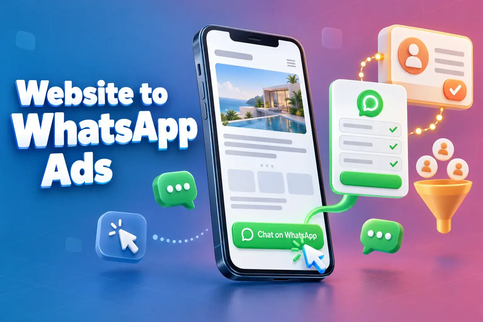 Website to WhatsApp ads: a landing page on a phone with a Chat on WhatsApp button feeding a WhatsApp Flow and a CRM contact card