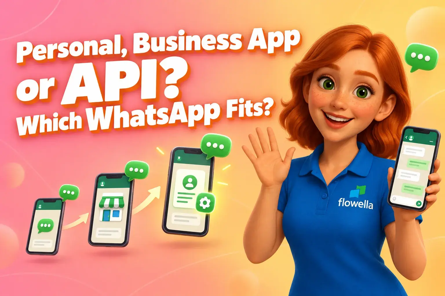 WhatsApp Business app vs API: Flo from Flowella waving next to three phones showing the move from personal WhatsApp to the Business app to the WhatsApp Business Platform