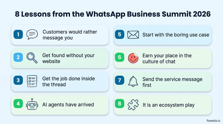WhatsApp Business Summit 2026 infographic listing eight lessons, from customers preferring to message you to treating WhatsApp as an ecosystem play