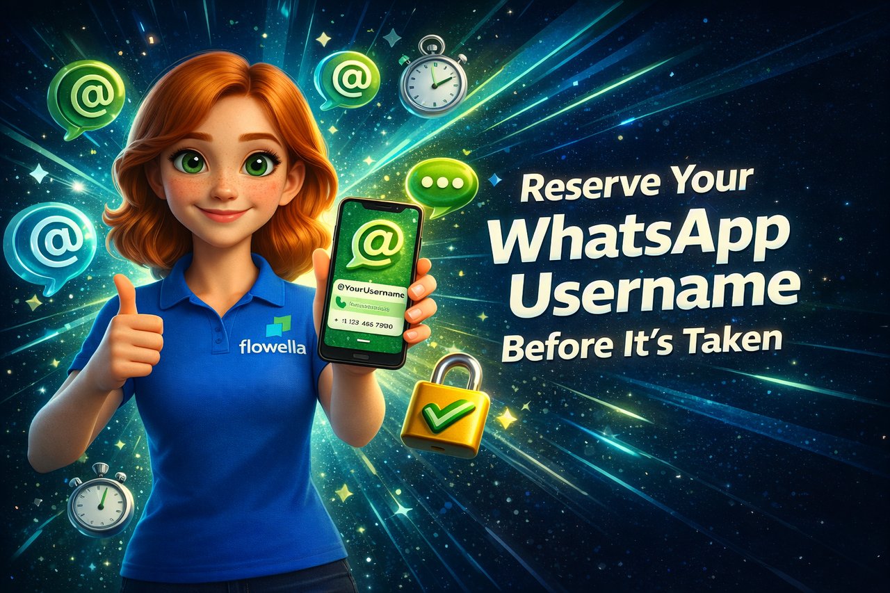 Reserve your WhatsApp Business username before it's taken: Flo holding a phone showing an @ handle