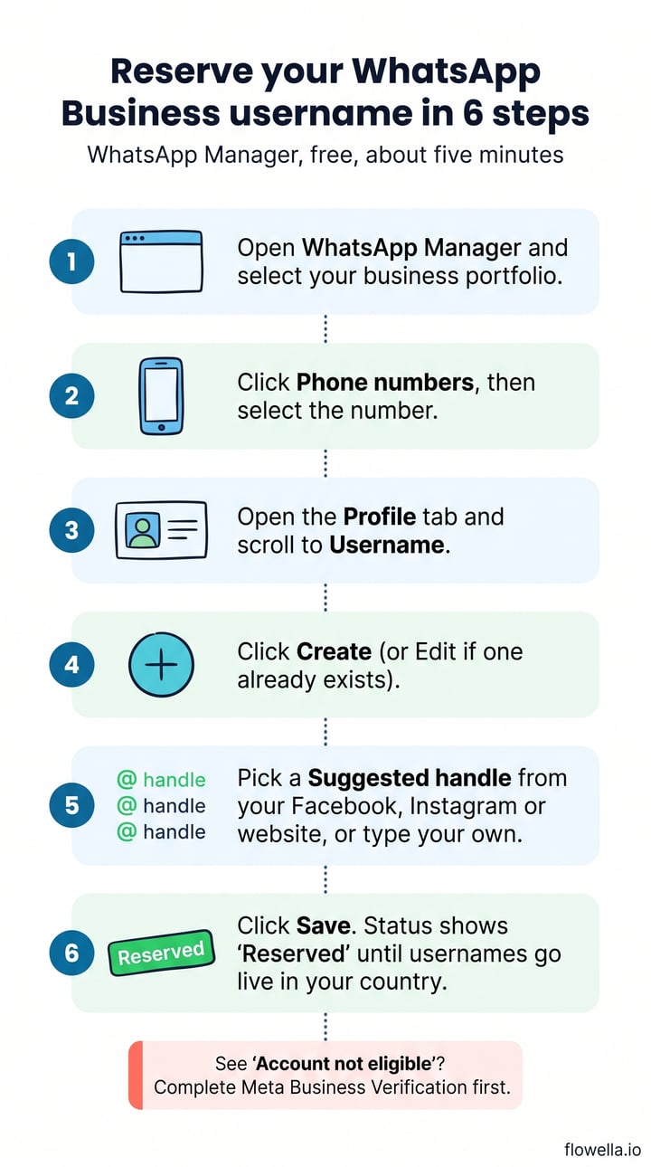 Infographic: how to reserve a WhatsApp Business username in WhatsApp Manager in six steps