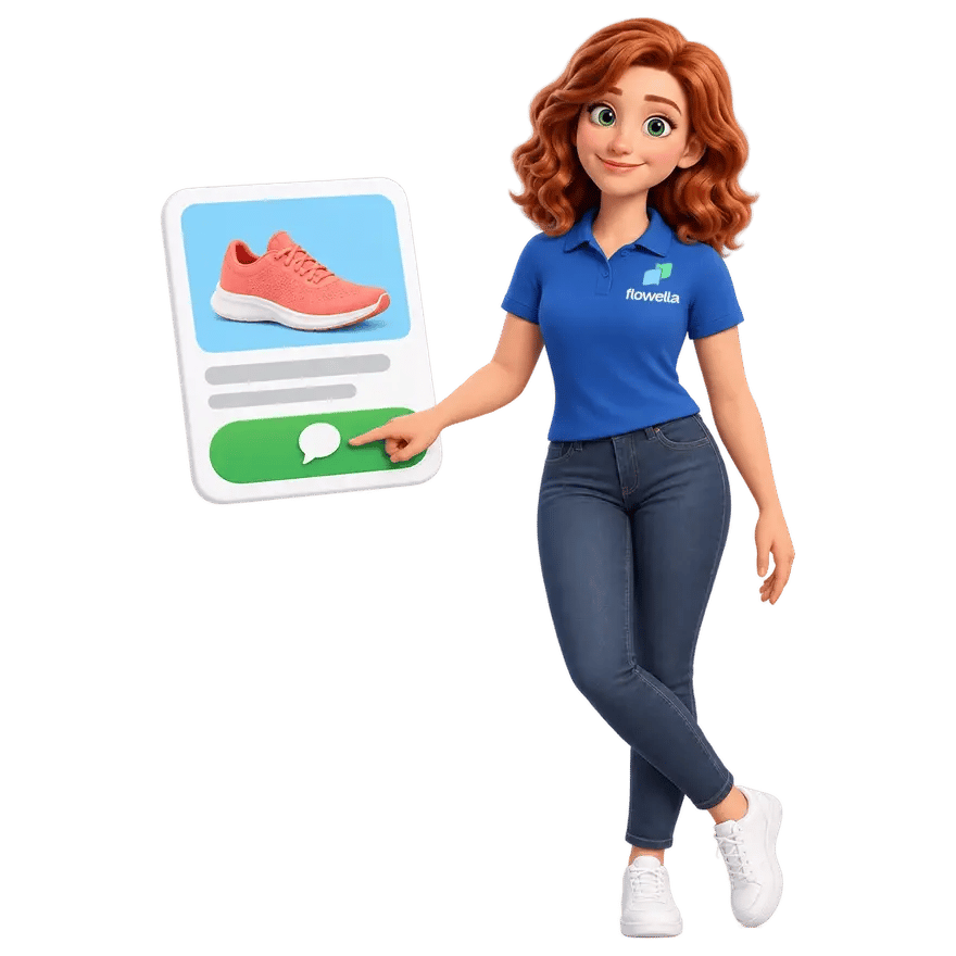 Flo, la mascotte de Flowella, en train d'appuyer sur le bouton de discussion vert figurant sur une grande publicité illustrée représentant un baskets de couleur corail