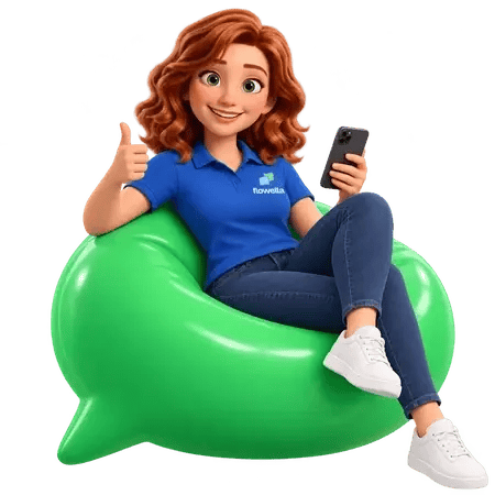 Flo relaxing on a green speech-bubble beanbag, giving a thumbs-up with a phone in her other hand
