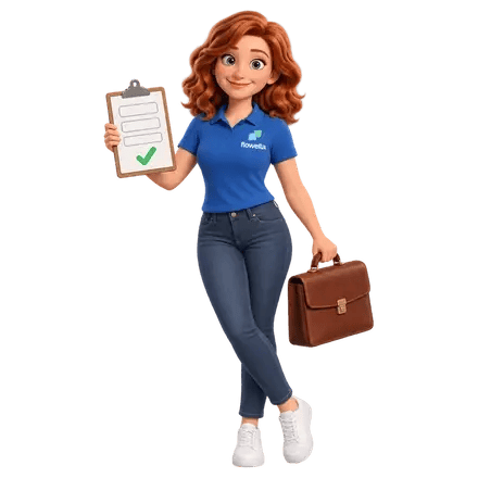 Flo con un maletín y un formulario en un portapapeles