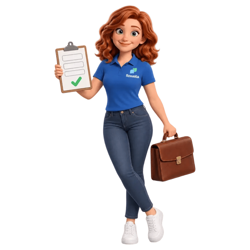 Flo, the Flowella mascot, carrying a briefcase and holding out a clipboard form with a green tick