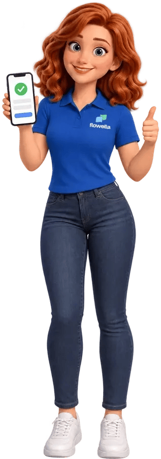 Flo standing on the card below, holding up her phone with a green tick and giving a thumbs-up