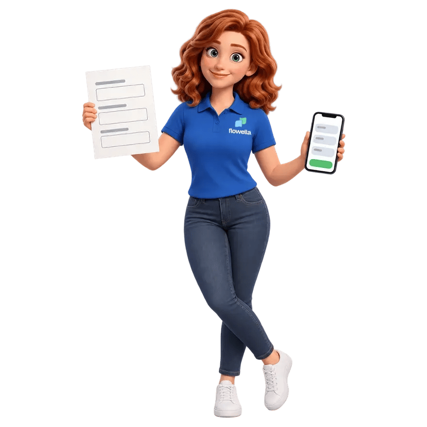 Flo, the Flowella mascot, holding a paper form in one hand and a phone showing the same form as a chat in the other