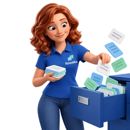 Flo filing small data cards into a blue filing drawer