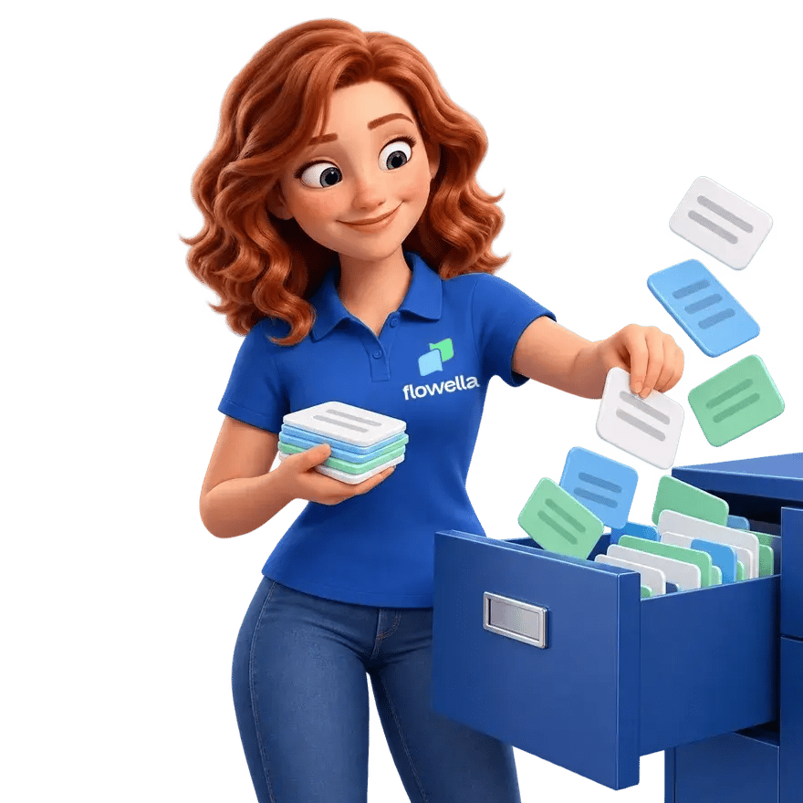 Flo filing small data cards into a blue filing drawer