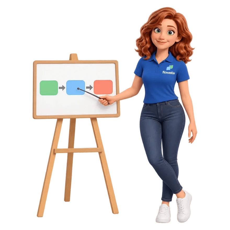 Flo, the Flowella mascot, presenting a diagram on an easel