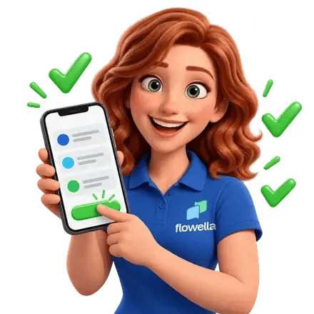 Flo tapping the green button on a big phone showing a short form, with green ticks around her