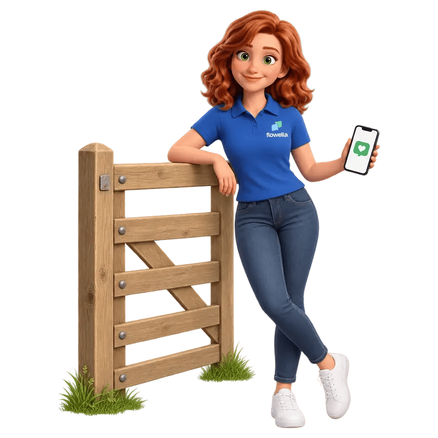 Flo, the Flowella mascot, leaning on a wooden field gate and looking at her phone