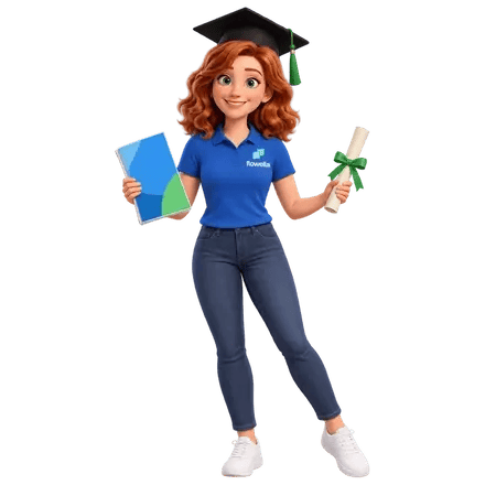 Flo, con un birrete de graduación, sosteniendo un folleto informativo y un título