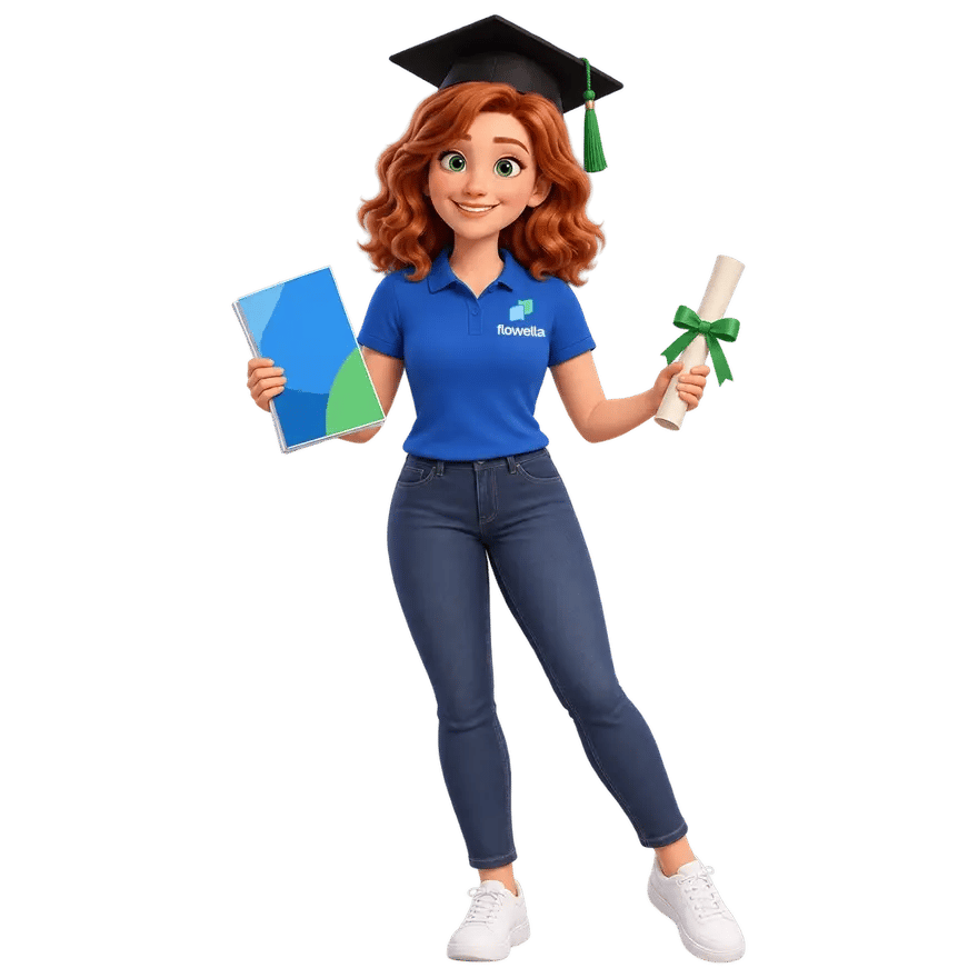 Flo, the Flowella mascot, in a graduation cap, holding a prospectus and a rolled diploma