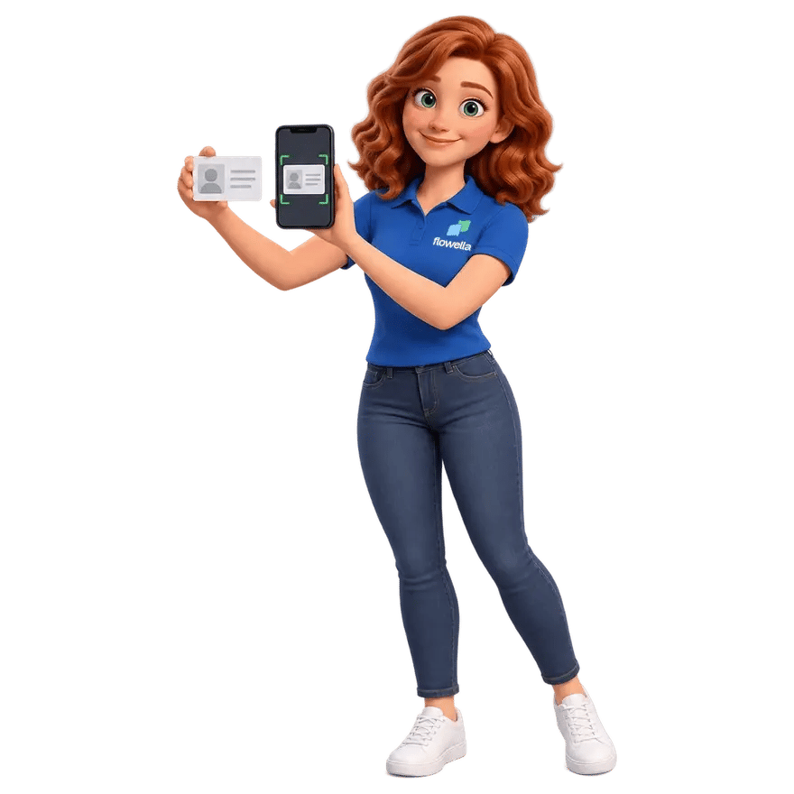 Flo, the Flowella mascot, holding up a photo ID card and capturing it with her phone camera