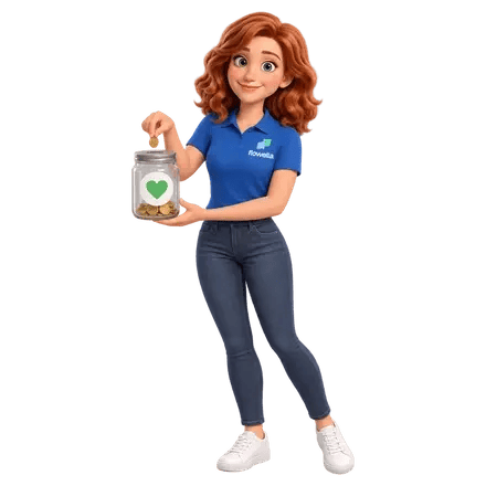 Flo echa una moneda en un bote de donativos