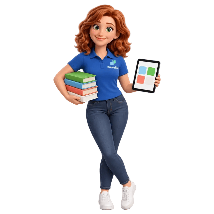 Flo, das Maskottchen von Flowella, trägt einen Stapel Bücher unter dem Arm und ein Tablet in der anderen Hand