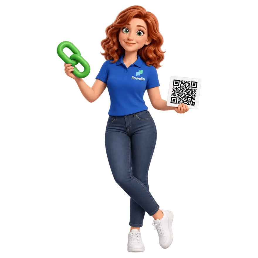 Flo, the Flowella mascot, holding a large green chain link in one hand and a card with a square QR-style code in the other