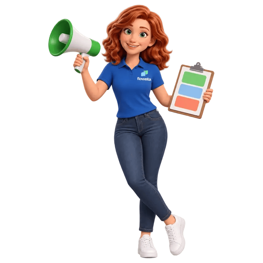 Flo, the Flowella mascot, raising a megaphone and holding a clipboard of campaign briefs