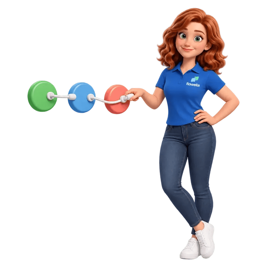 Flo, the Flowella mascot, plugging a cord into the last of three coloured nodes to link them together