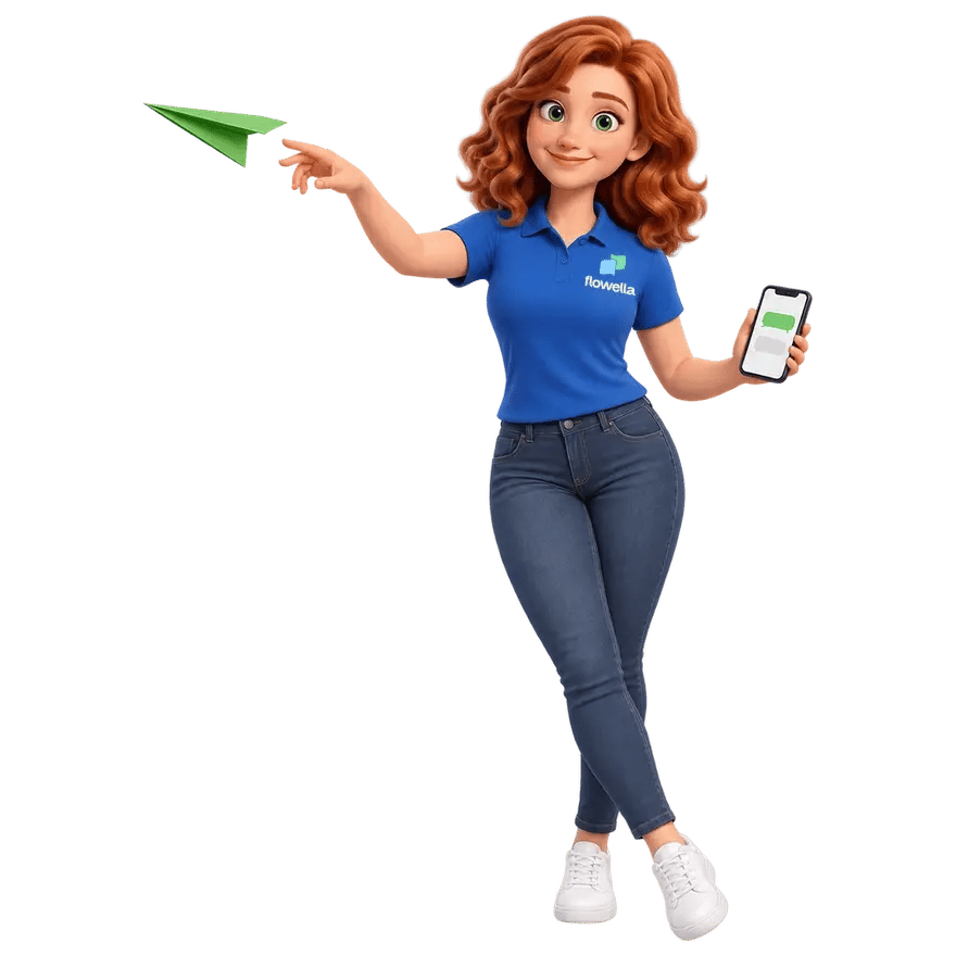 A Flo, a mascote da Flowella, a lançar um aviãozinho de papel verde com uma das mãos levantadas, enquanto segura um telemóvel na outra
