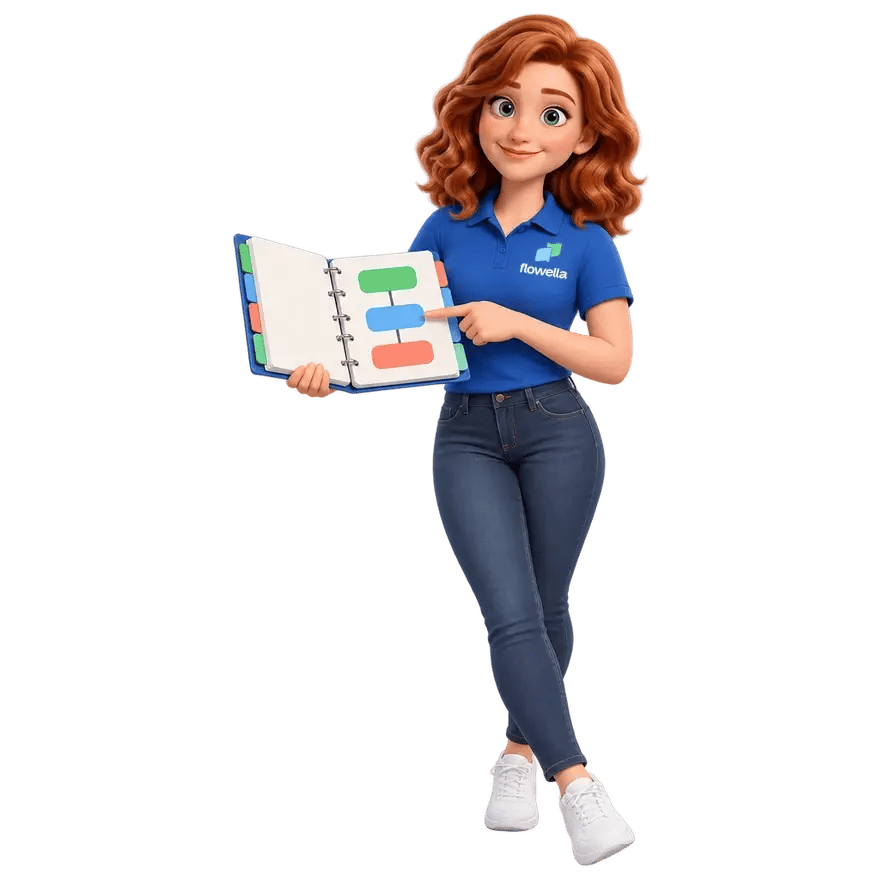A Flo, a mascote da Flowella, a apontar para um fluxograma simples num manual de jogo de anéis abertos, com páginas coloridas com separadores