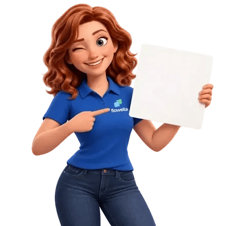 Flo winking and pointing at the WhatsApp QR code printed on the card she is holding up
