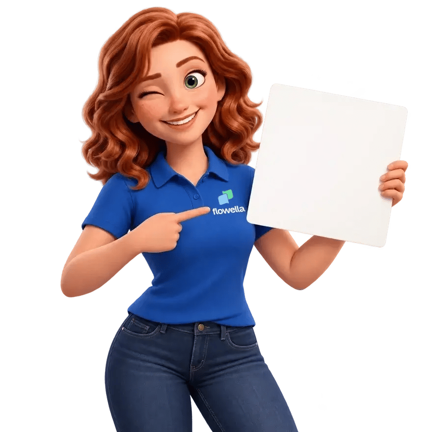 Flo winking and pointing at the WhatsApp QR code printed on the card she is holding up