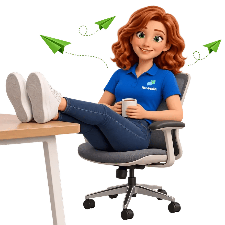 Flo with her feet up on a desk and a mug of tea while green paper planes fly past
