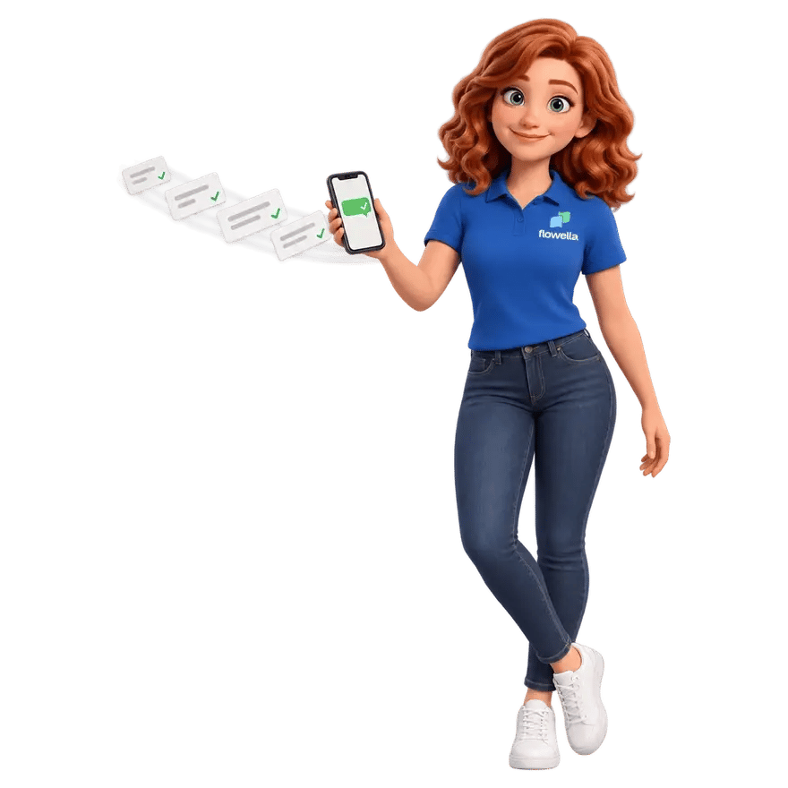Flo, the Flowella mascot, holding up her phone as a fan of message cards with green ticks flies out of it