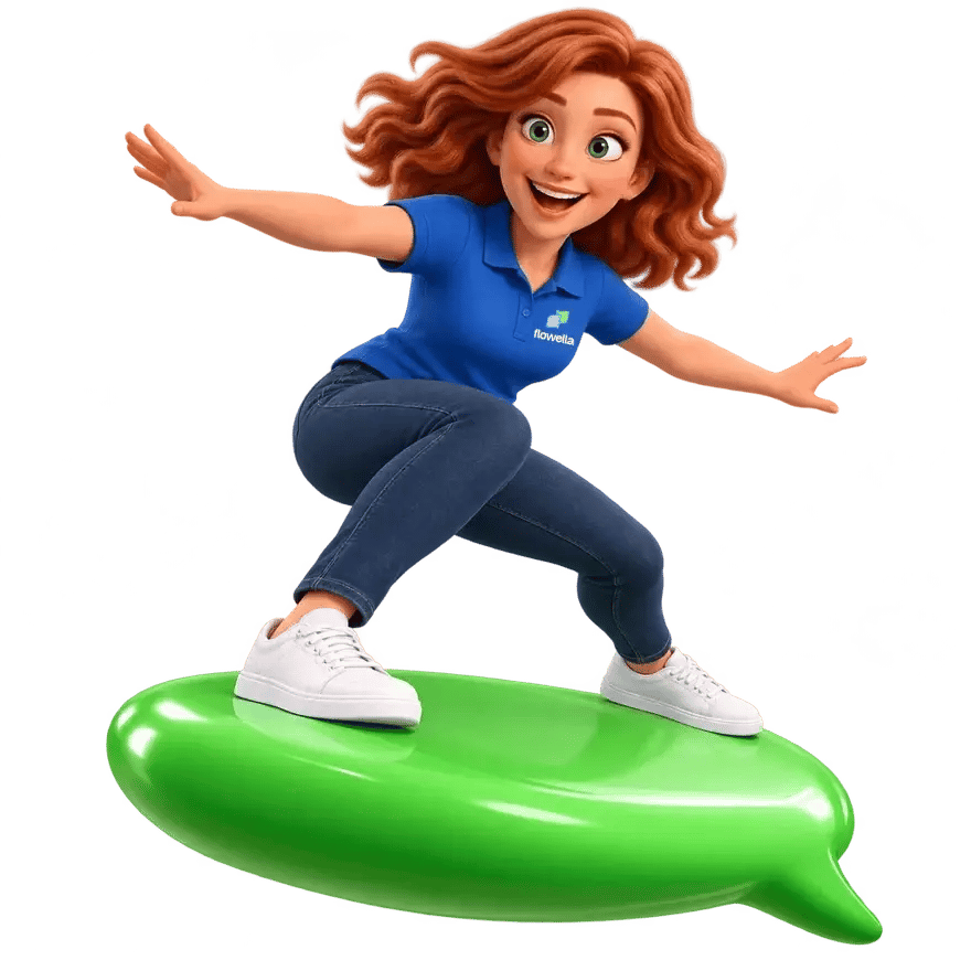 Flo, the Flowella mascot, surfing on a big green WhatsApp speech bubble with her arms out, laughing