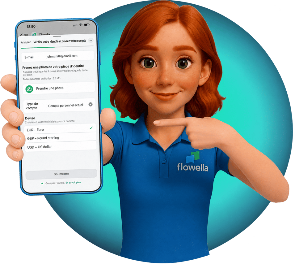 Flowella héros : Flo présentant les WhatsApp Flows connectés à votre CRM sur un écran produit épuré