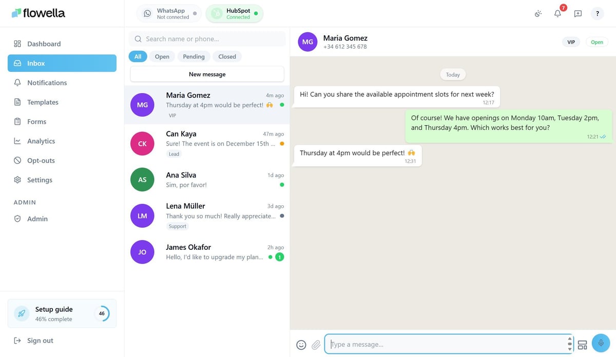 The Flowella app inbox showing a list of WhatsApp conversations, an open thread with Maria Gomez about appointment slots, and the contact phone number and VIP status in the header