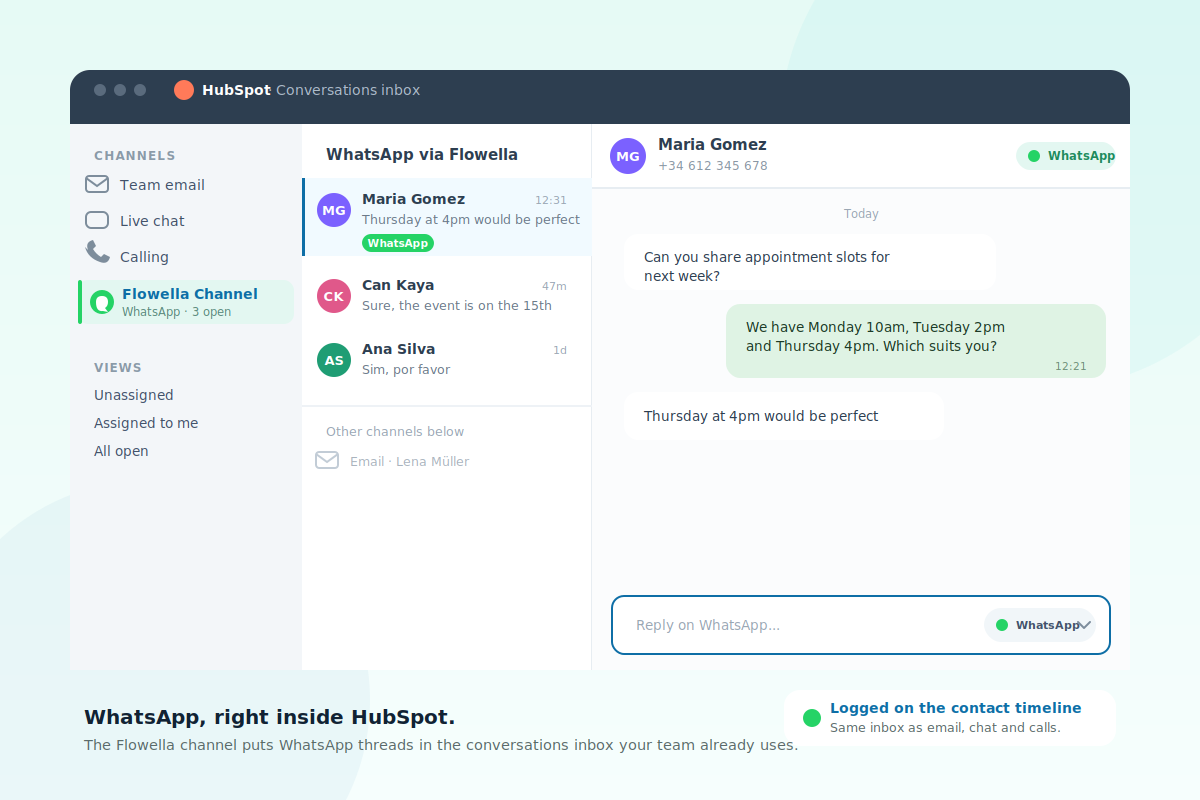 The HubSpot conversations inbox with a Flowella channel selected, showing WhatsApp threads alongside team email, live chat and calling, with a WhatsApp conversation open and a reply editor set to the WhatsApp channel