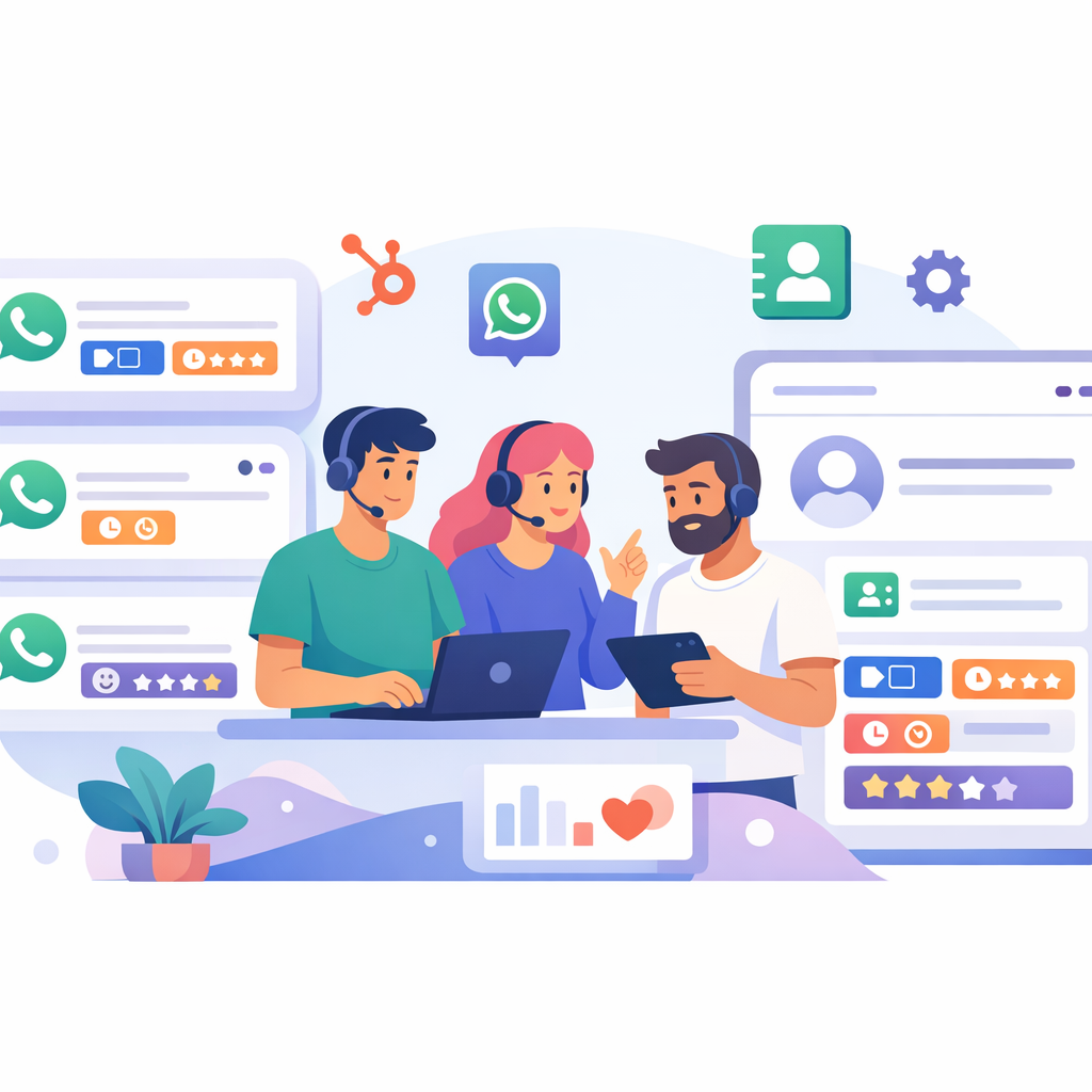 Flat illustration of a support team in a shared inbox view handling WhatsApp conversations that are linked to HubSpot contact records with tags like t