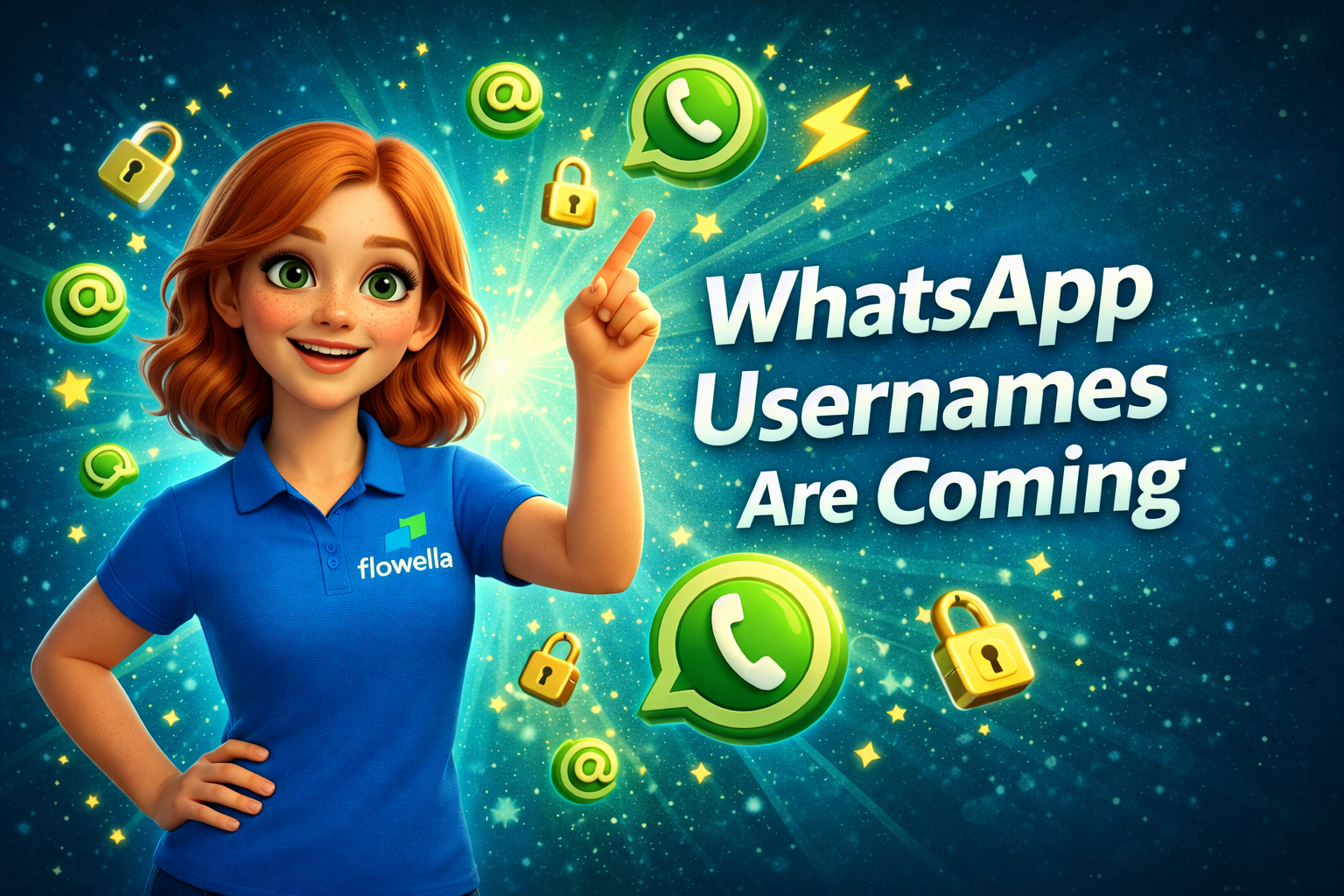 Flo, the Flowella avatar, presenting information about WhatsApp usernames and Business-Scoped User IDs (BSUIDs)