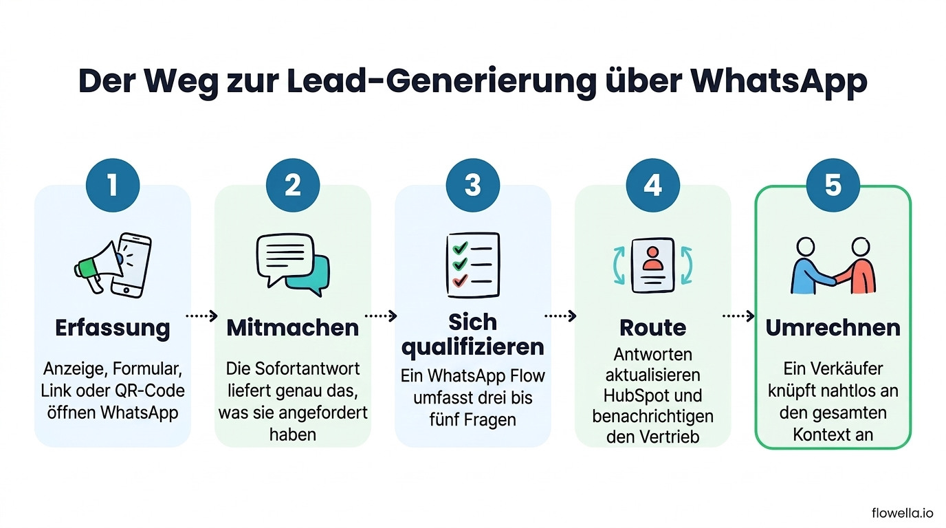 Der Weg zur Lead-Generierung über WhatsApp in fünf Schritten: Erfassen, Ansprechen, Qualifizieren, Weiterleiten und Konvertieren