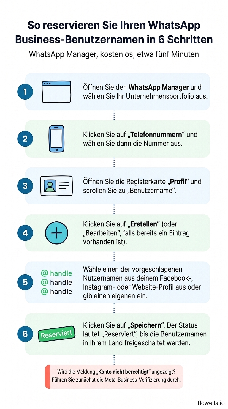 Infografik: So reservieren Sie in sechs Schritten einen WhatsApp Business-Benutzernamen im WhatsApp Manager