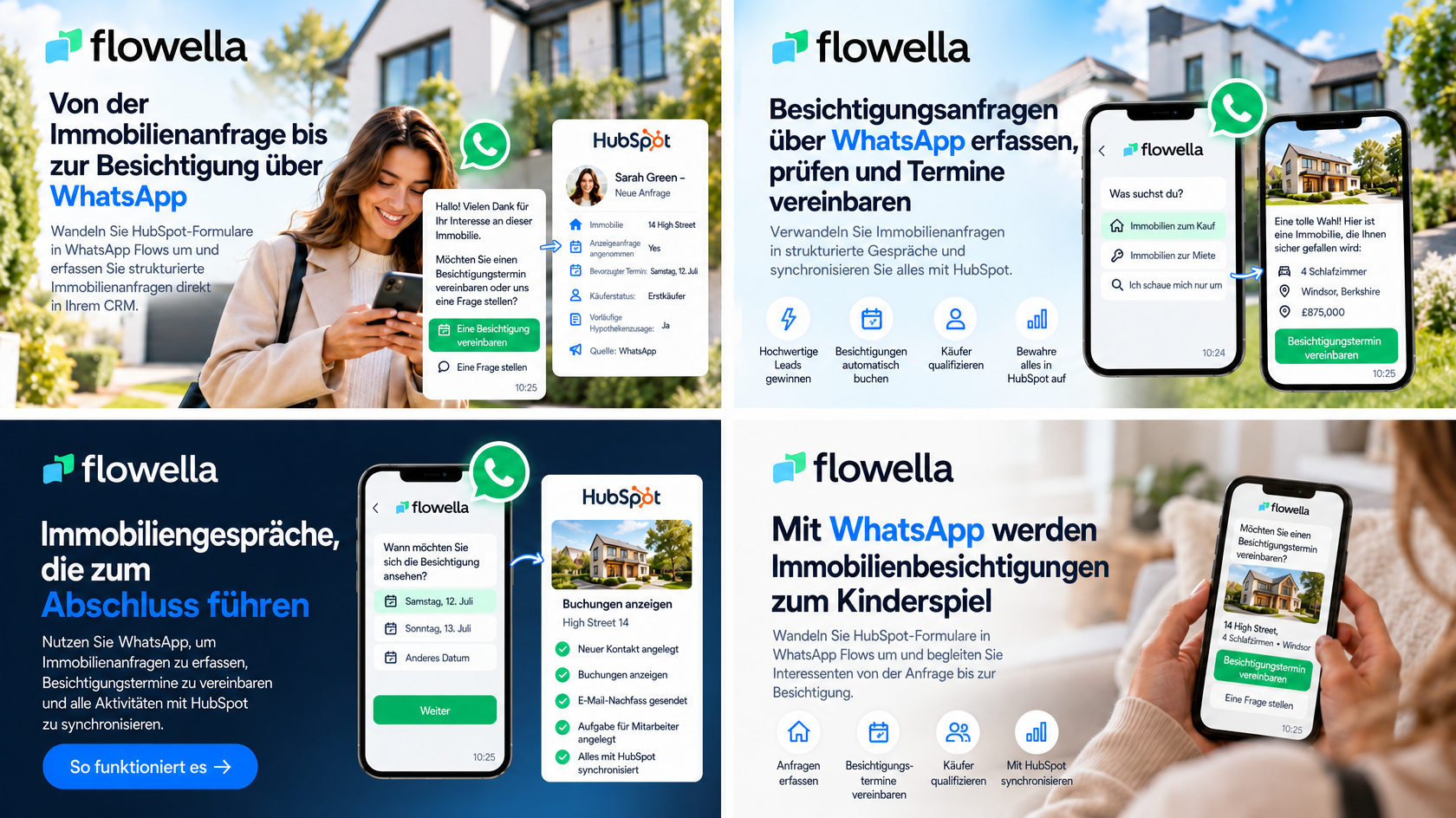WhatsApp für Immobilienmakler: Bildschirme für Immobilienanfragen, Besichtigungstermine und Käuferqualifizierung, die mit den HubSpot-Kontaktdatensätzen synchronisiert sind