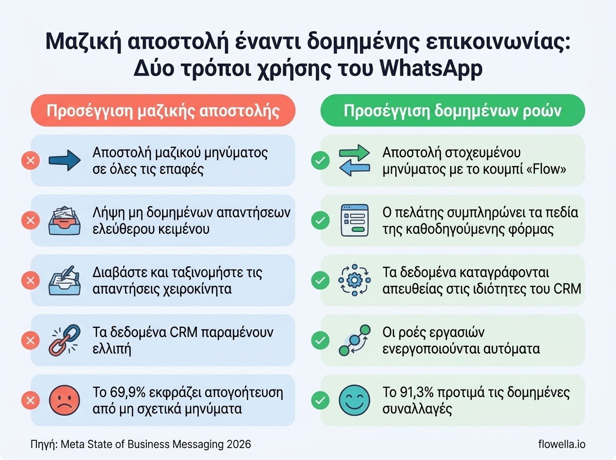 Ενημερωτικό γράφημα που συγκρίνει την προσέγγιση μαζικής αποστολής μηνυμάτων μέσω WhatsApp με την προσέγγιση των WhatsApp Flows, παρουσιάζοντας τις διαφορές στην ποιότητα των δεδομένων, τον αυτοματισμό και την ικανοποίηση των πελατών