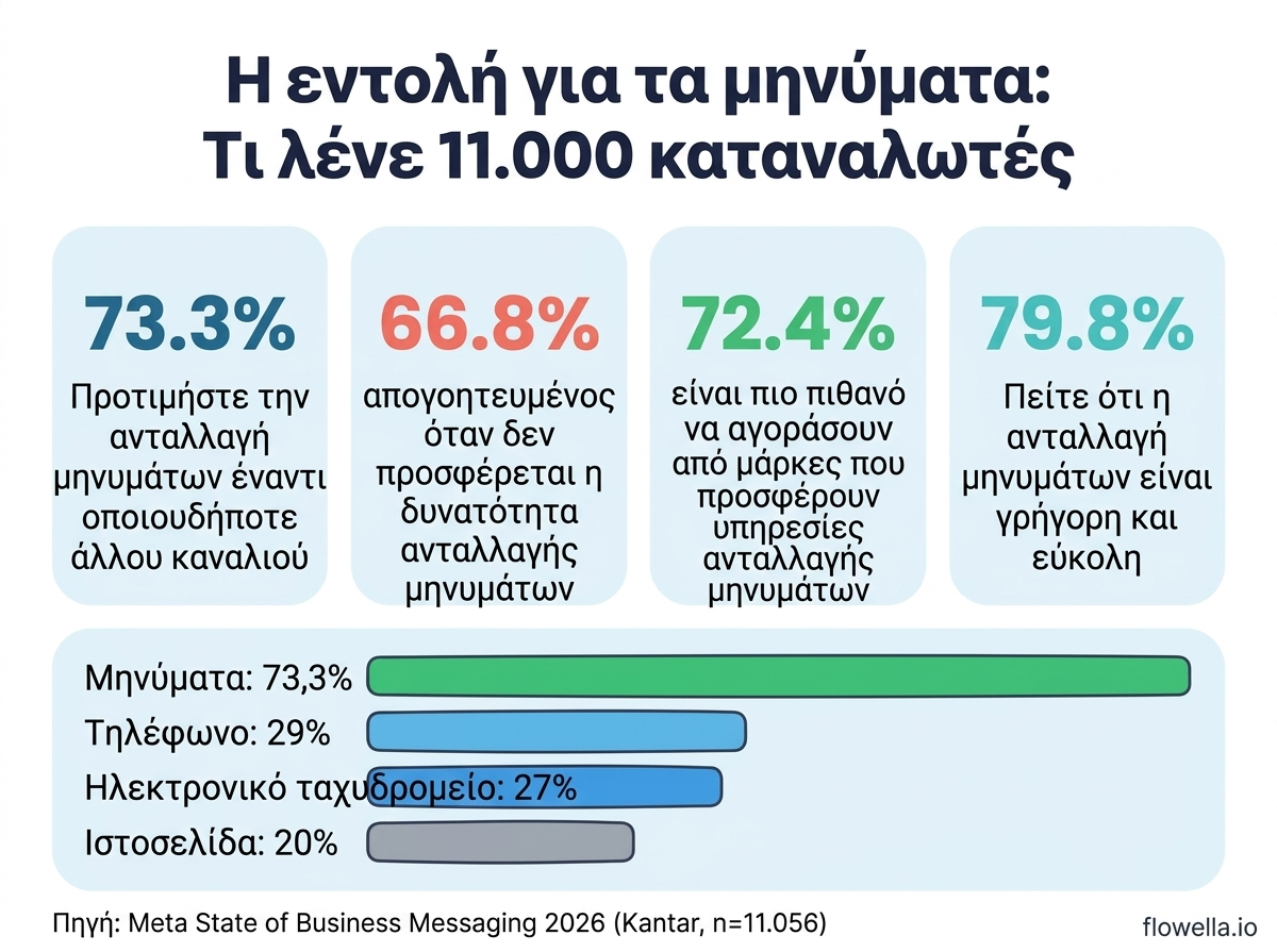 Ενημερωτικό γράφημα που παρουσιάζει βασικά στατιστικά στοιχεία από την έκθεση «State of Business Messaging 2026» της Meta, μεταξύ των οποίων το 73,3% προτιμά την ανταλλαγή μηνυμάτων, το 66,8% εκφράζει απογοήτευση όταν δεν προσφέρεται η δυνατότητα ανταλλαγής μηνυμάτων, το 72,4% είναι πιο πιθανό να πραγματοποιήσει αγορά και το 79,8% δηλώνει ότι η ανταλλαγή μηνυμάτων είναι γρήγορη και εύκολη
