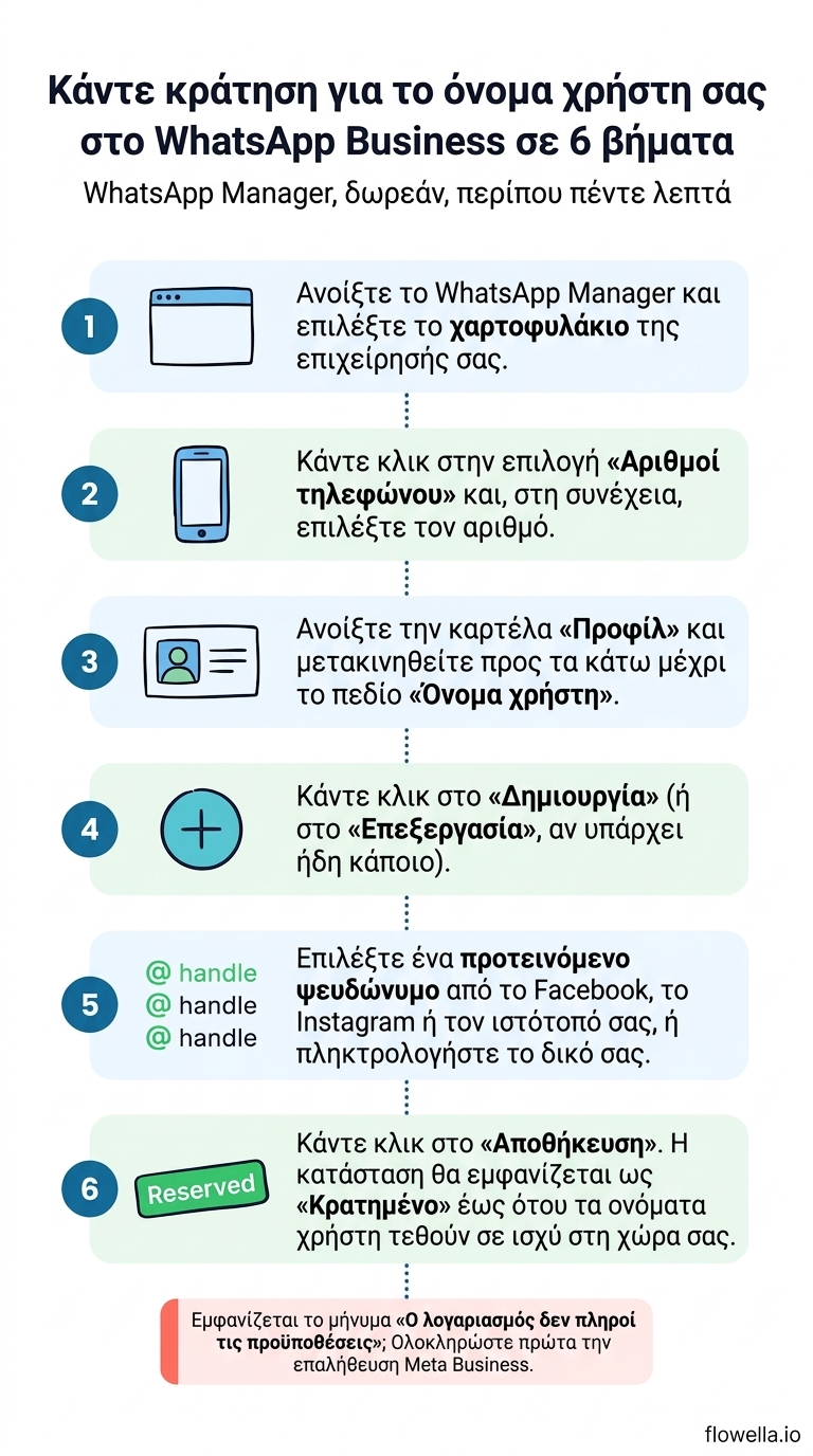 Ενημερωτικό γράφημα: πώς να κάνετε κράτηση ονόματος χρήστη για το WhatsApp Business μέσω του WhatsApp Manager σε έξι βήματα