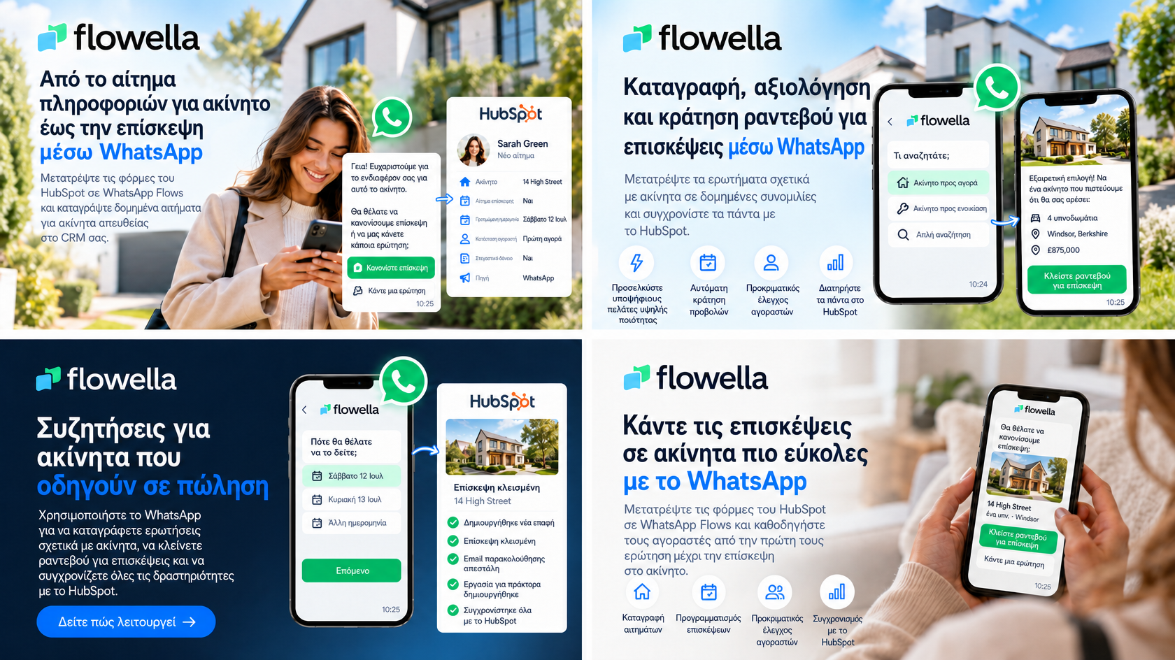 WhatsApp για μεσίτες ακινήτων: οθόνες για ερωτήσεις σχετικά με ακίνητα, κρατήσεις για επισκέψεις και αξιολόγηση υποψηφίων αγοραστών, συγχρονισμένες με τις εγγραφές επαφών του HubSpot