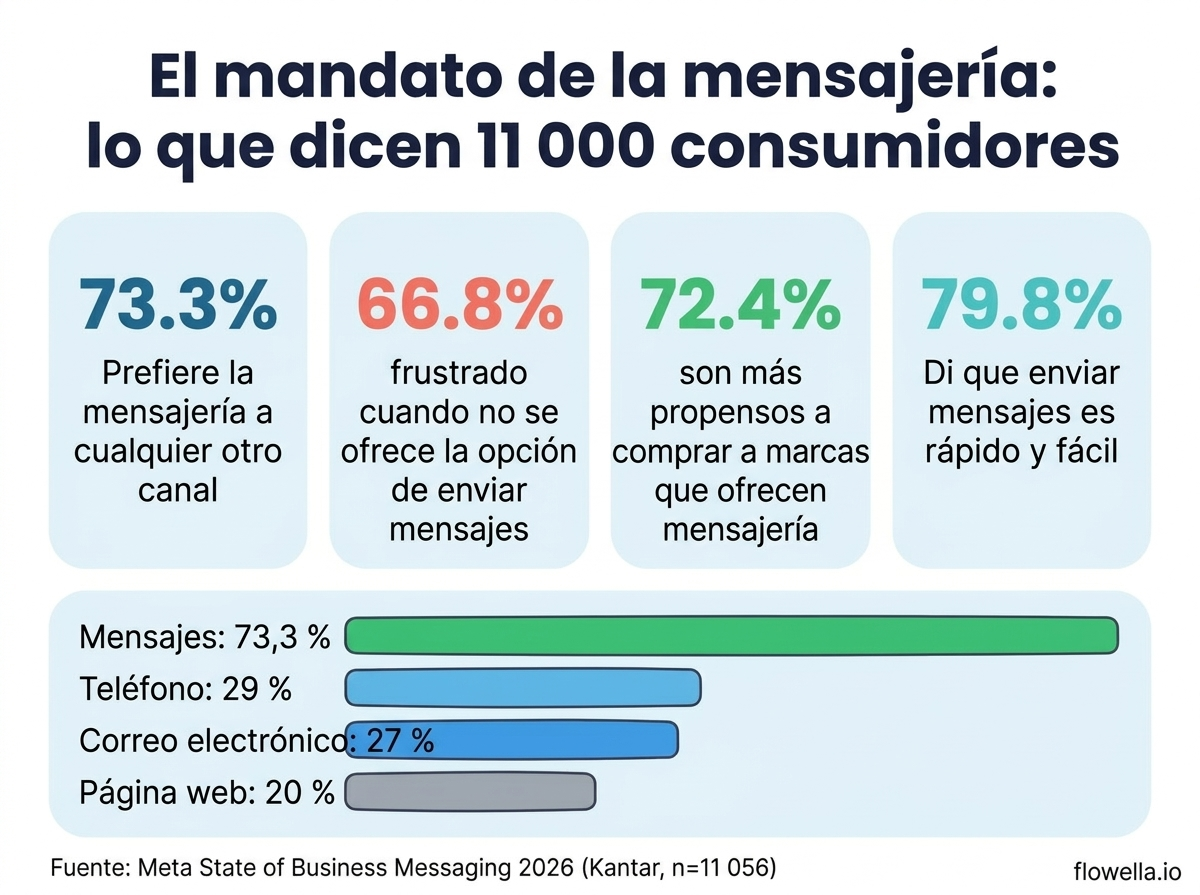 Infografía que muestra estadísticas clave del informe «State of Business Messaging 2026» de Meta, entre las que se incluyen: el 73,3 % prefiere la mensajería; el 66,8 % se siente frustrado cuando no se ofrece la opción de mensajería; el 72,4 % es más propenso a comprar, y el 79,8 % afirma que la mensajería es rápida y fácil.