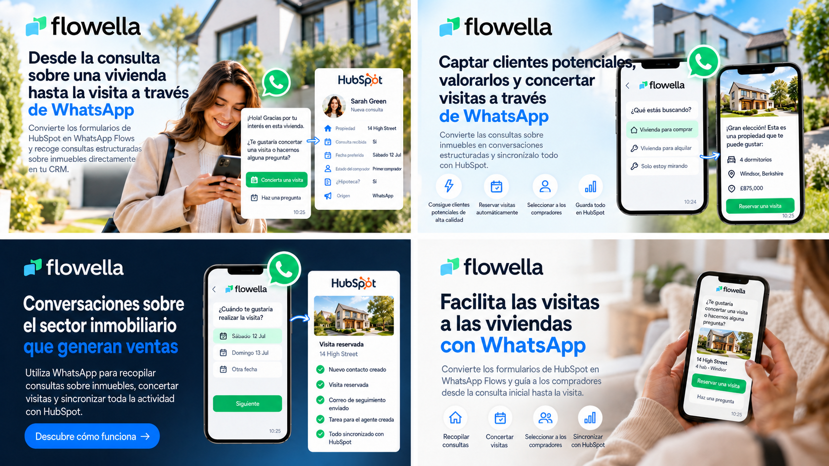 WhatsApp para agentes inmobiliarios: pantallas de consultas sobre inmuebles, reservas de visitas y evaluación de compradores sincronizadas con los registros de contactos de HubSpot